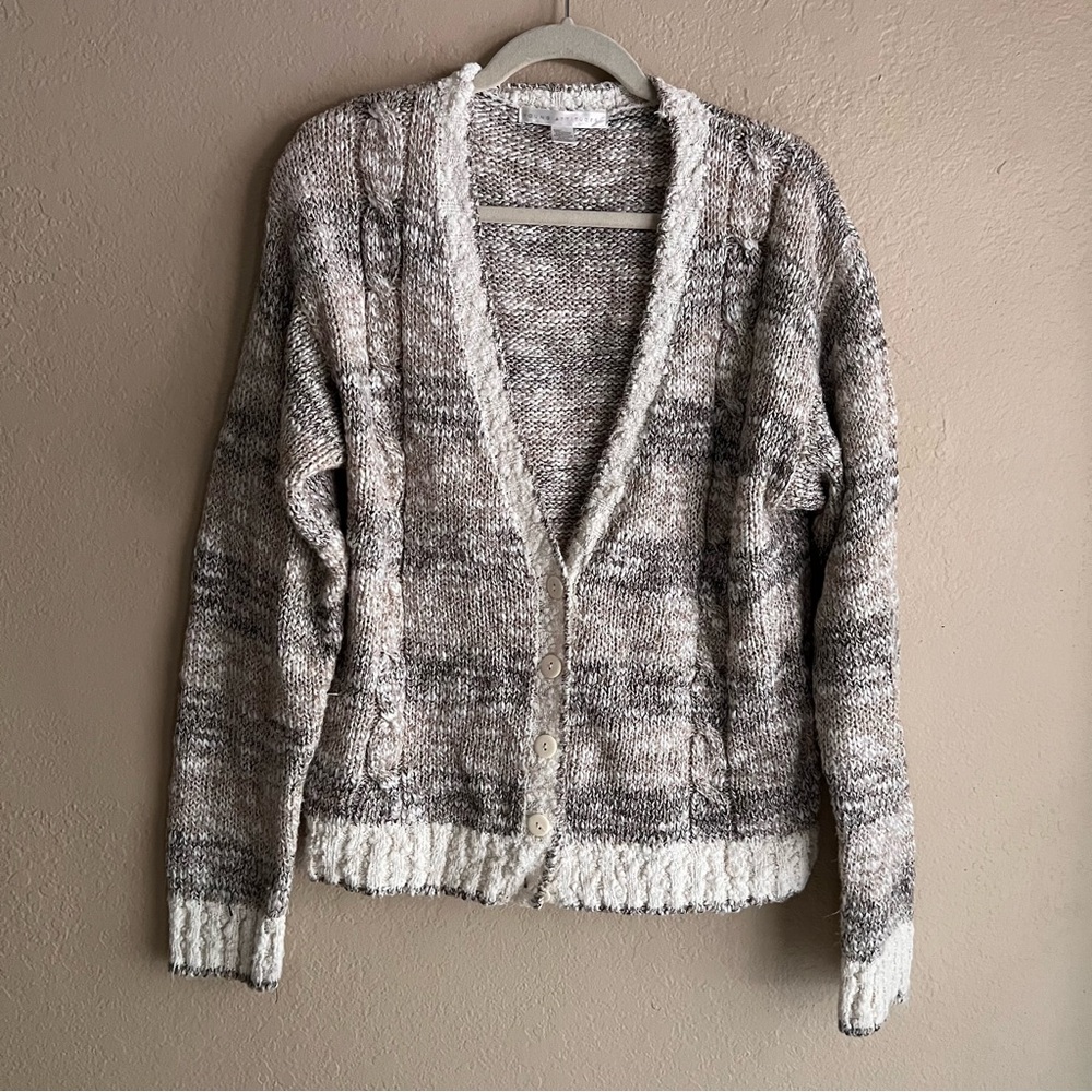 Neutral Striped Cable Knit Cardigan Sweater